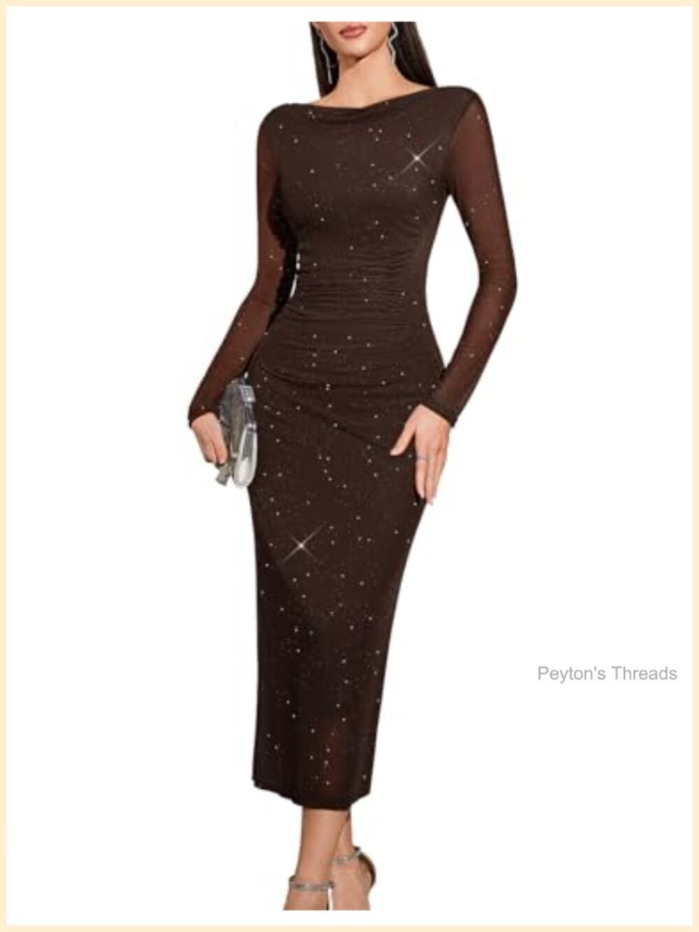Glitter Mesh Long Sleeve Ruched Bodycon Midi Dress Cocktail Wedding